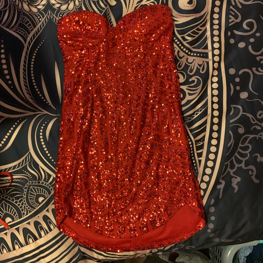 Strapless or (add straps) midi red sequin dress